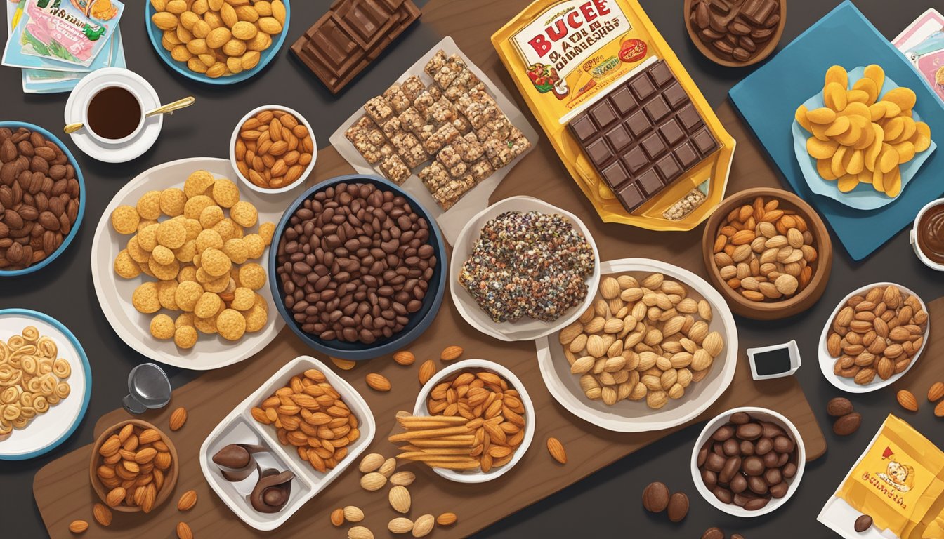 A table spread with various Buc-ee's snacks, including a prominent display of chocolate-covered almonds, surrounded by game night essentials like cards and board games