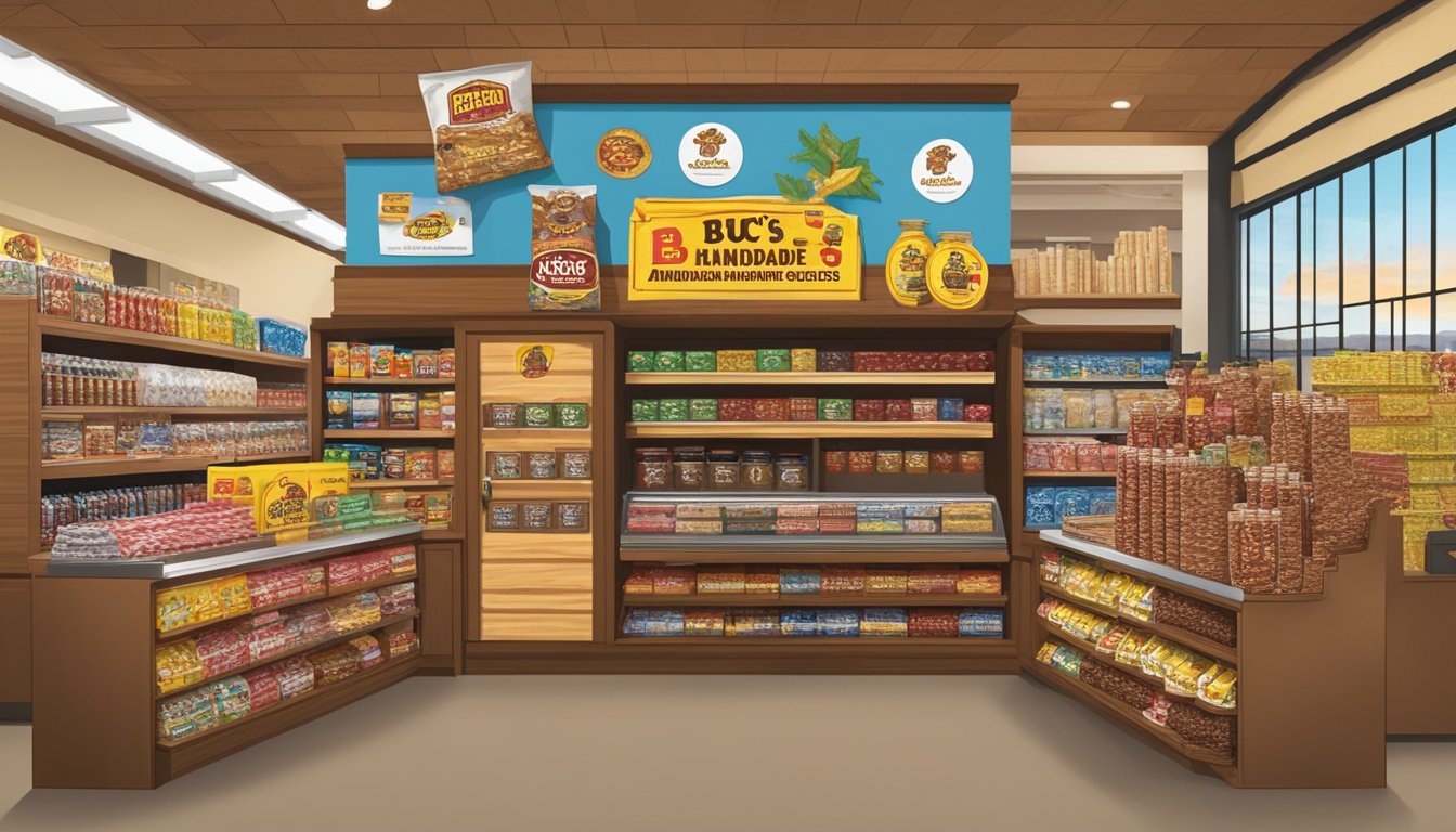 A colorful display of Buc-ee's handmade jerky and other products arranged on a shelf with a graduation theme