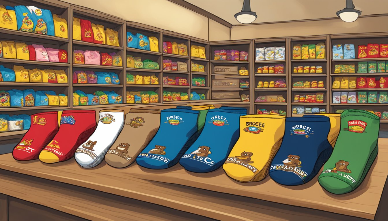 A colorful display of Buc-ee's novelty socks arranged on shelves, surrounded by other Buc-ee's products, with a graduation cap and diploma in the background