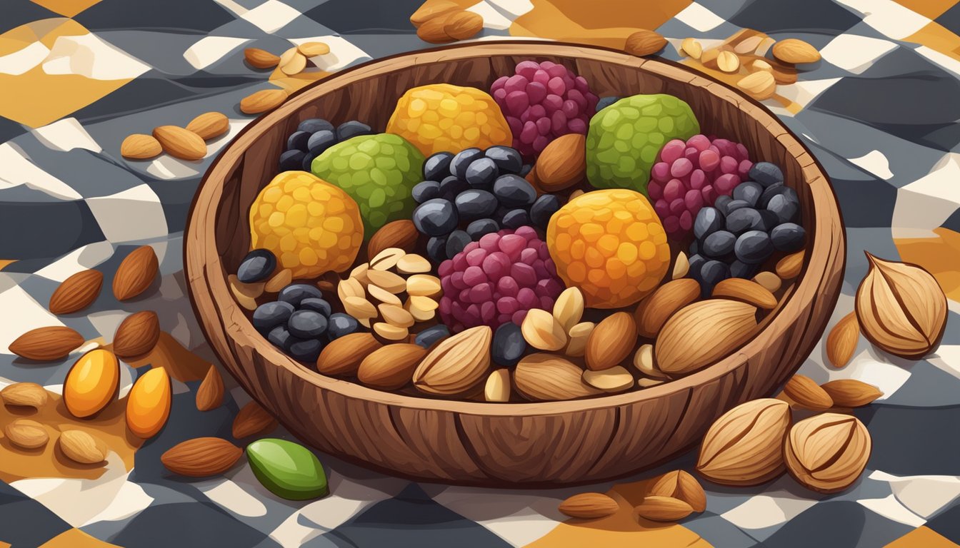 A colorful assortment of nuts, seeds, and dried fruit spills out of a rustic wooden bowl onto a checkered game board