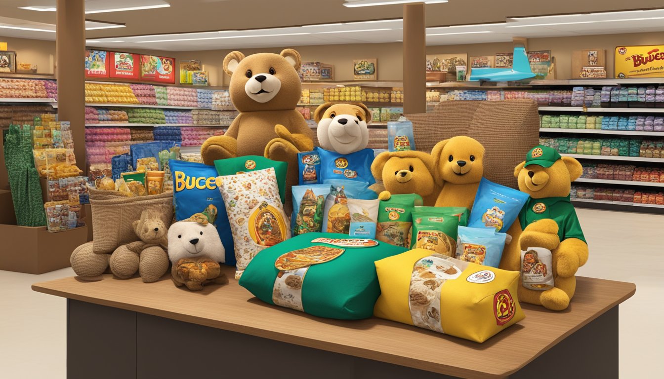 A cozy travel pillow sits among a display of Buc-ee's products, ready to be gifted for a graduation celebration