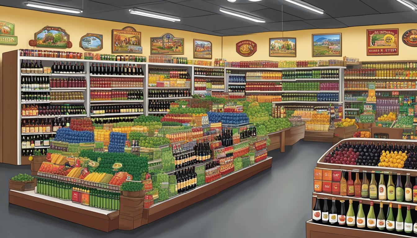 A bustling Buc-ee's store with shelves stocked with a wide variety of local wines from different regions, creating a vibrant display of colors and labels