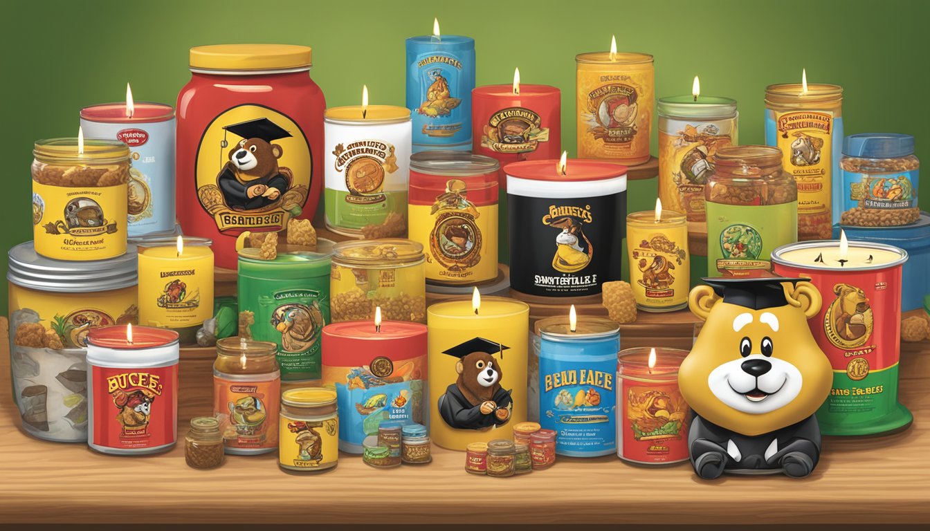 A Buc-ee's scented candle surrounded by 13 Buc-ee's products arranged as graduation gifts