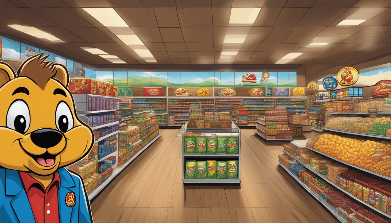 A bustling Buc-ee's store filled with shelves of unique products, from snacks to apparel, with the iconic beaver mascot displayed prominently