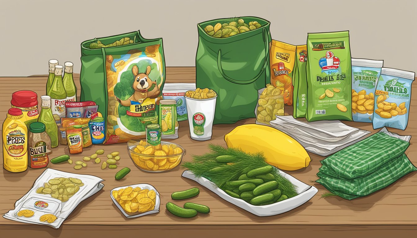 A colorful display of Buc-ee's Dill Pickle in a Bag and other game night items arranged on a table