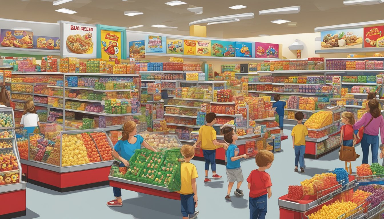 A bustling Buc-ee's store filled with colorful snacks, toys, and towering shelves of merchandise, with families and children happily exploring