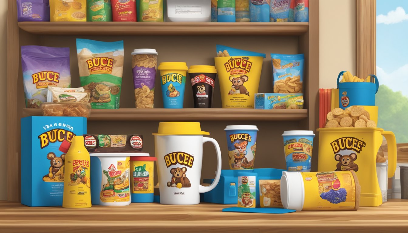 A colorful display of Buc-ee's products, including travel mugs, snacks, and apparel, arranged on a shelf with a graduation cap and diploma in the background