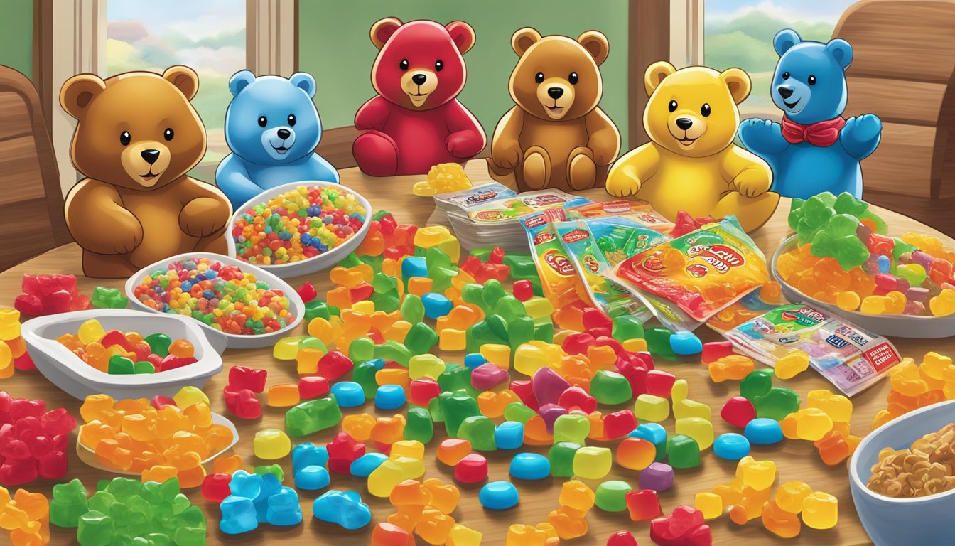 A colorful display of Buc-ee's gummy bears and other game night items arranged on a table