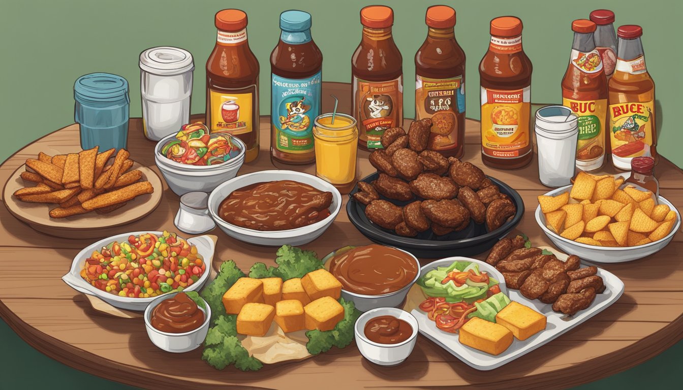 A table spread with Buc-ee's Hot BBQ Sauce and 21 other items for a game night, including snacks, drinks, and games