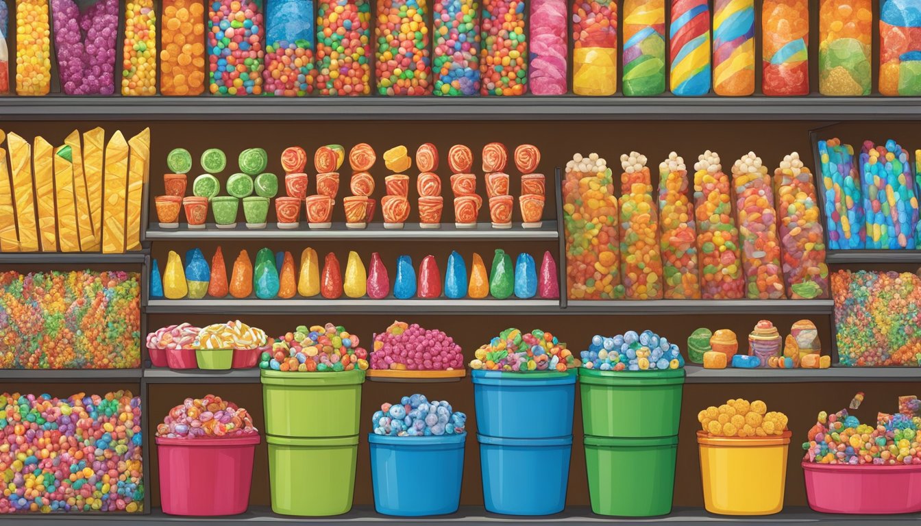 A colorful wall of candy with 18 different types of treats, creating a vibrant and enticing display for kids at Buc-ee's