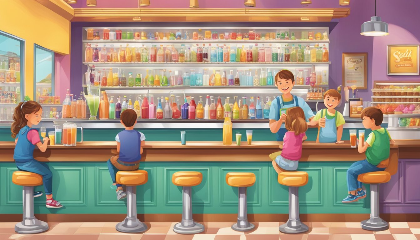 A colorful, bustling soda fountain with various drink options and happy kids enjoying their beverages