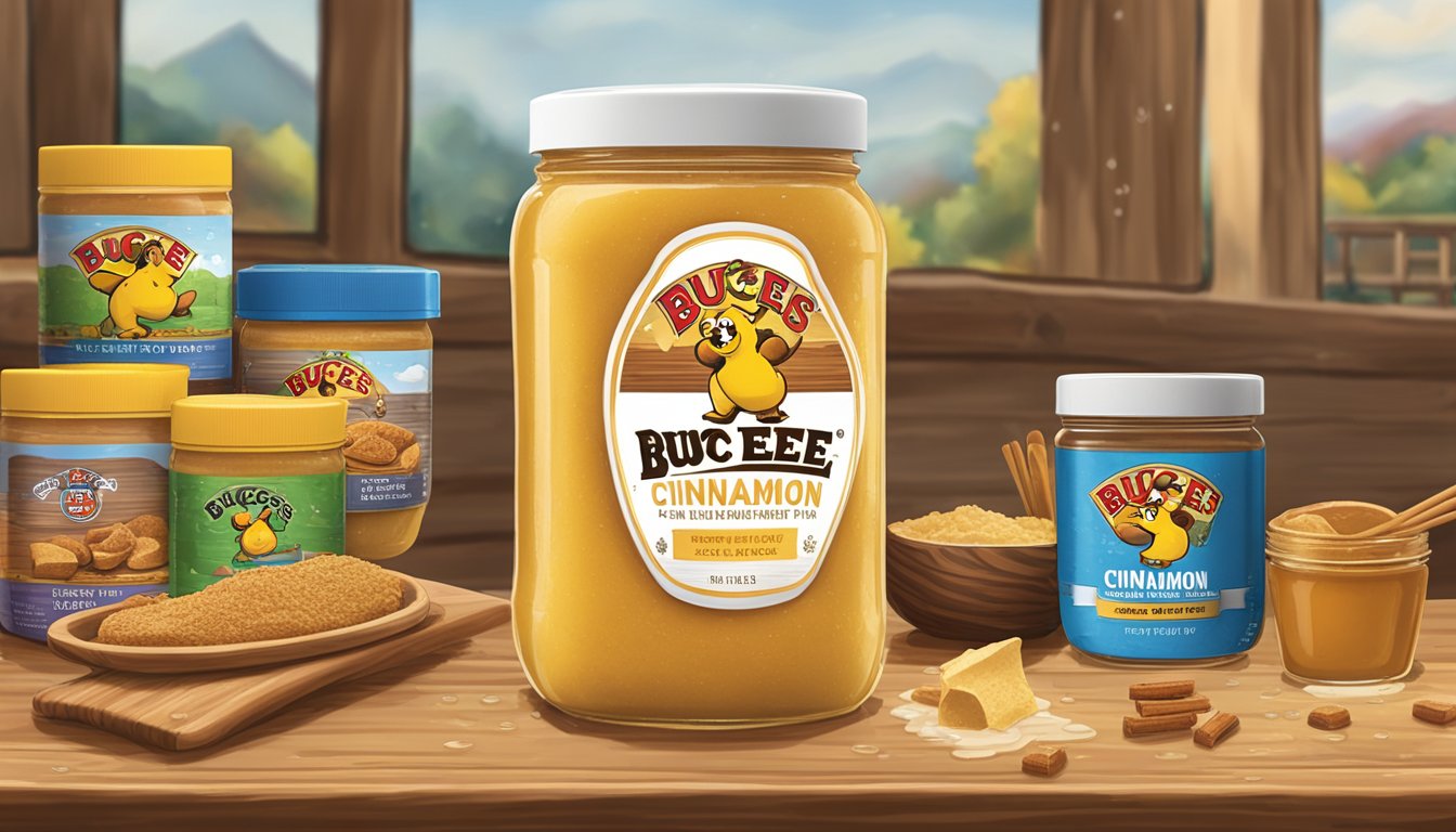 A jar of Buc-ee's Cinnamon Honey Butter sits on a wooden table surrounded by other Buc-ee's items, with raindrops visible on a window in the background