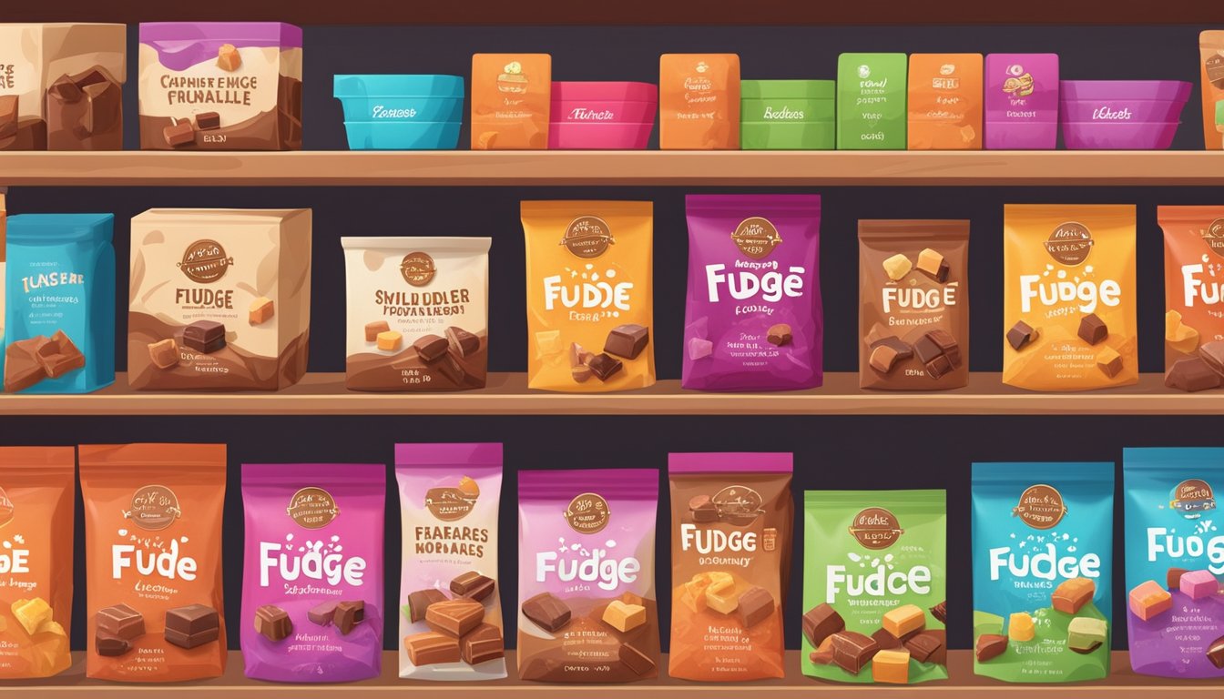 A colorful display of various fudge flavors arranged neatly on a shelf, surrounded by vibrant packaging and a playful, kid-friendly atmosphere