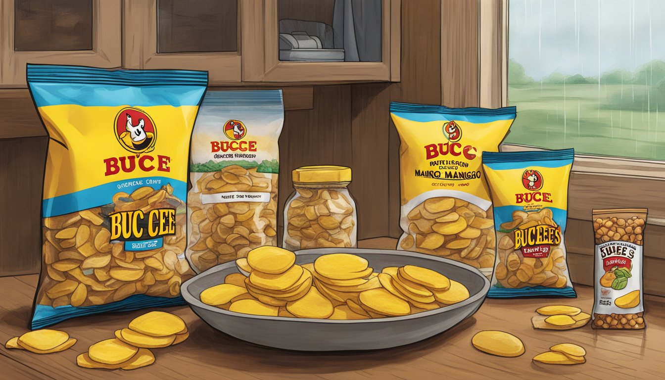 A bag of Buc-ee's Dried Mango Slices sits next to other Buc-ee's items on a table, while rain falls outside the window