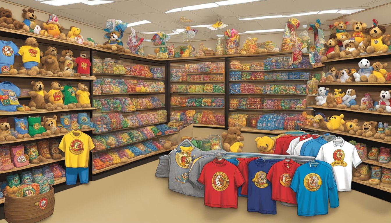 A vibrant display of Buc-ee's souvenirs, including plush toys, keychains, and t-shirts, arranged in a playful and inviting manner