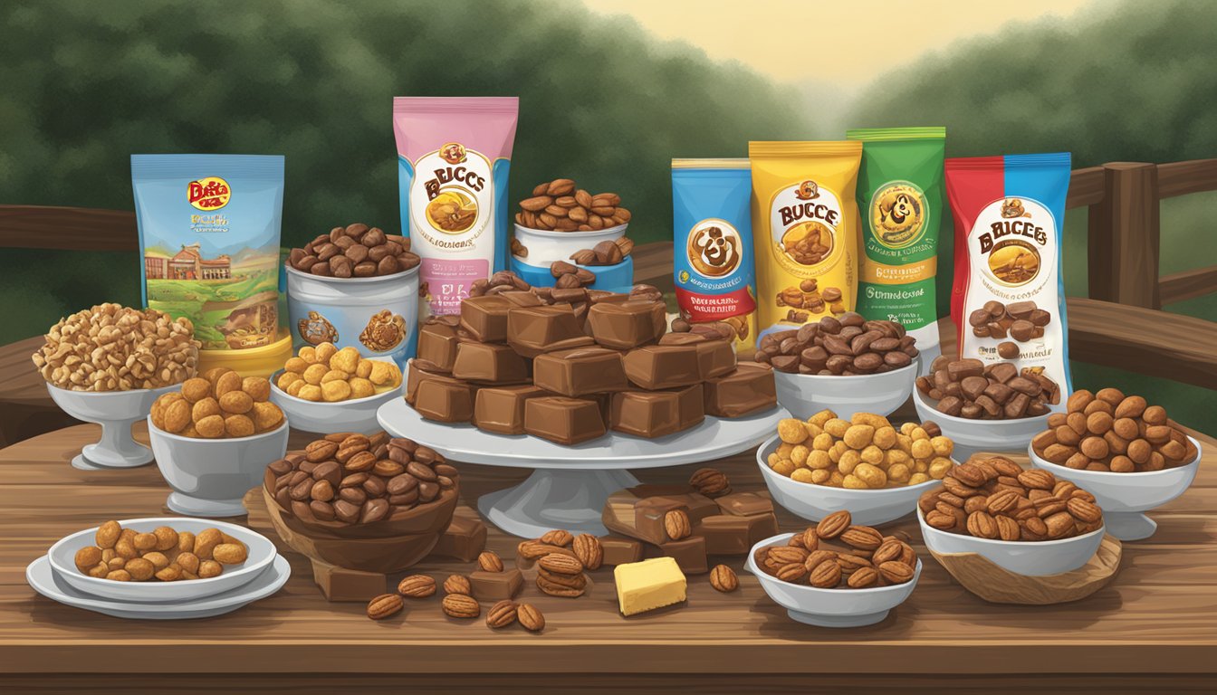 A table with a variety of Buc-ee's items, including Milk Chocolate Pecan Pralines, set against a rainy day backdrop