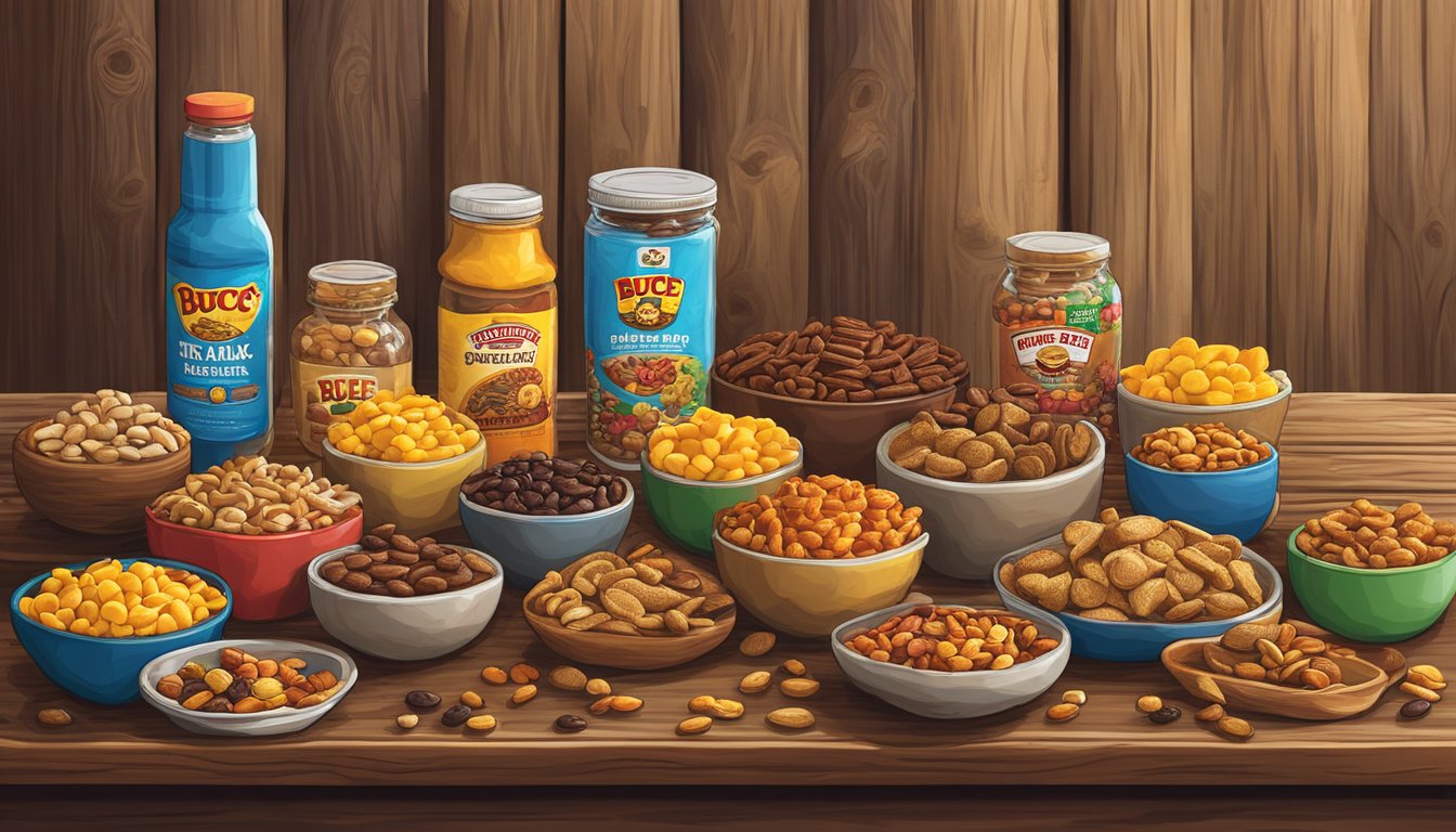 A colorful display of Buc-ee's Sweet & Spicy Trail Mix and other rainy day items arranged on a rustic wooden table