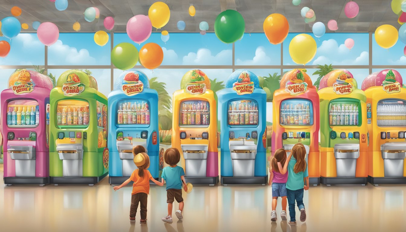 A colorful display of oversized frozen drink machines at Buc-ee's, surrounded by excited kids and families