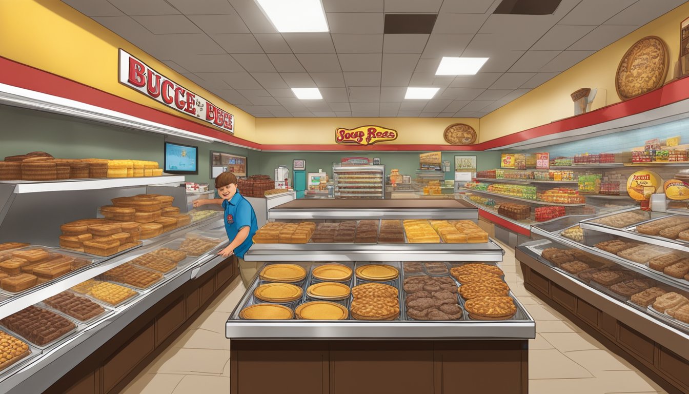 A cozy Buc-ee's store interior with a display of fudge pecan pies and other comforting items, as rain pours outside