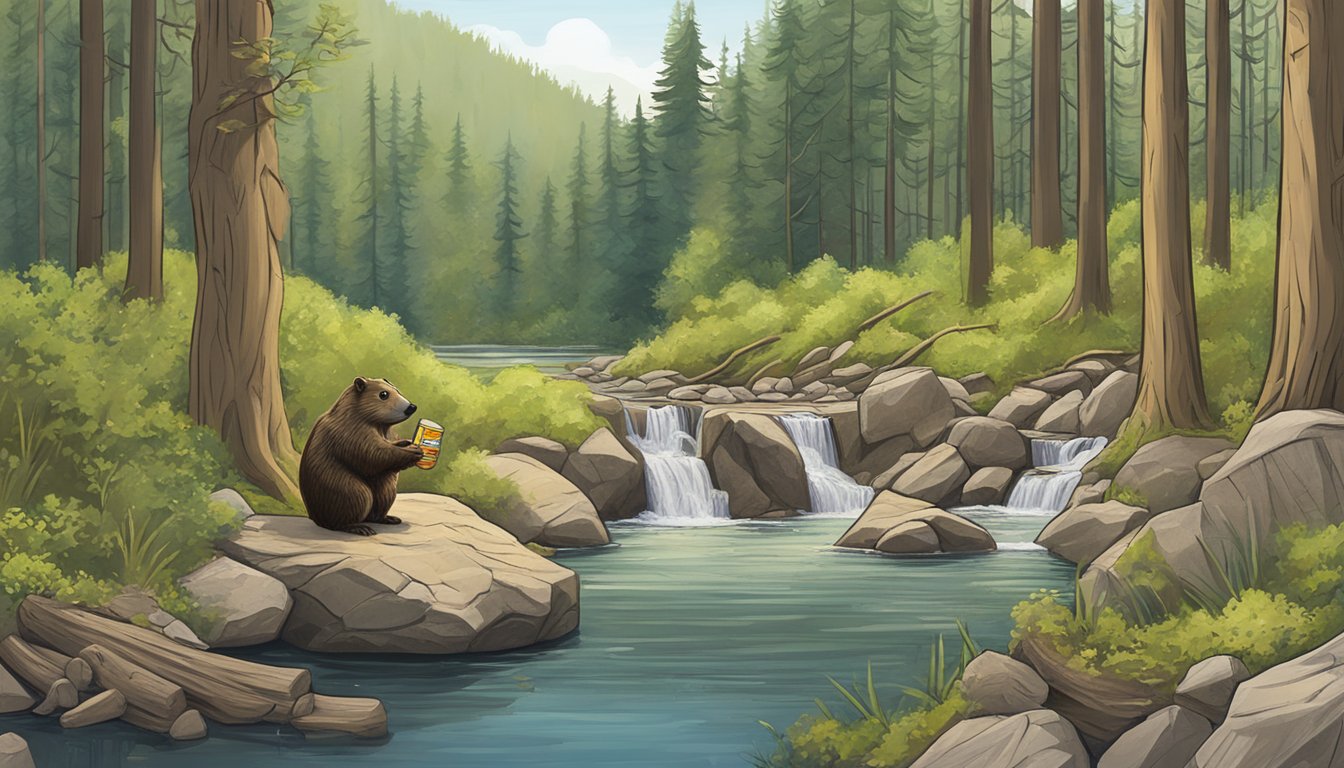 A beaver dam surrounded by trees with a trail leading into the forest, with a backpack filled with Buc-ee's snacks sitting on a rock