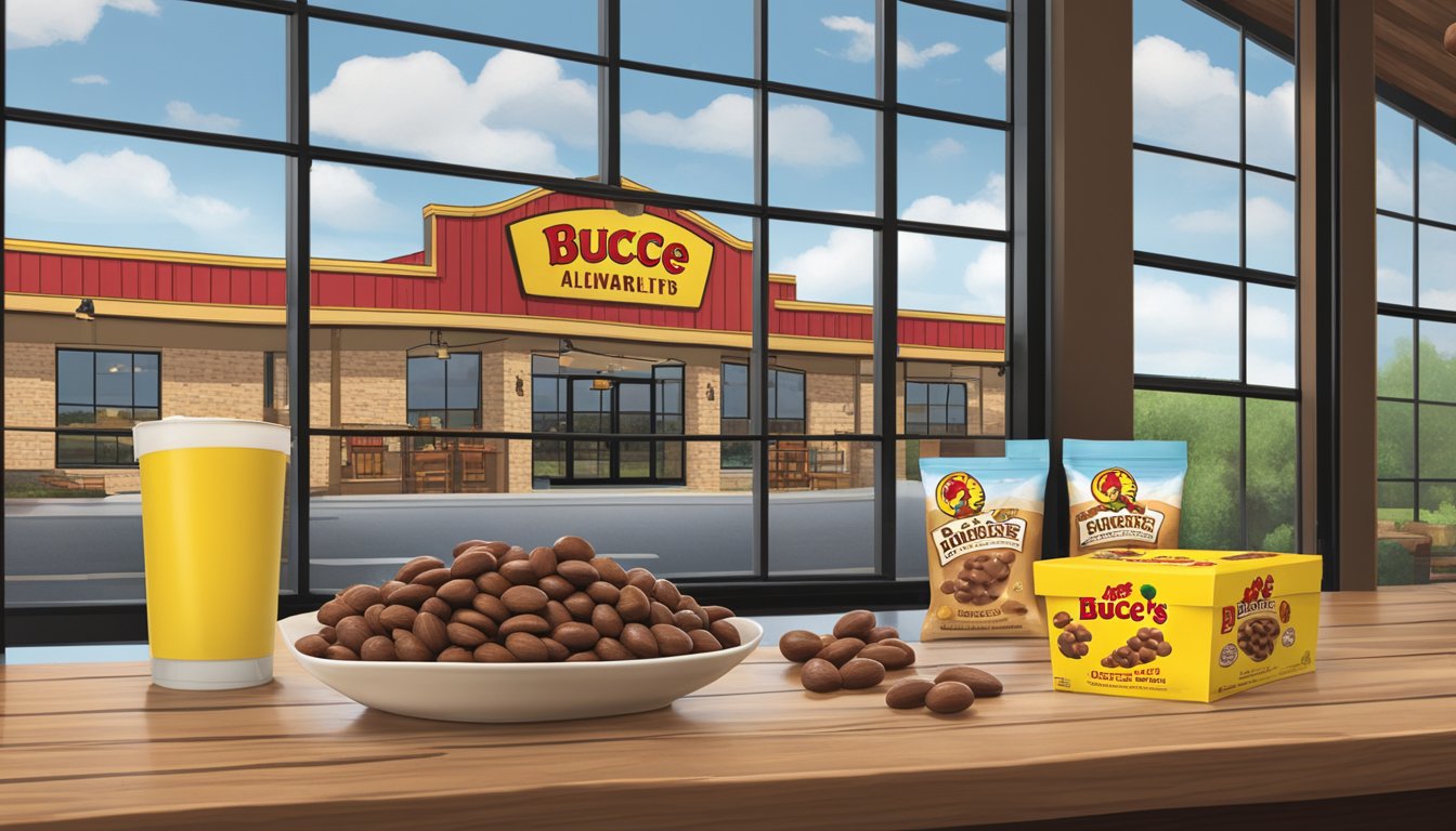 A bag of Buc-ee's Chocolate Dipped Almonds sits on a wooden table next to other Buc-ee's items, with a window showing rain outside