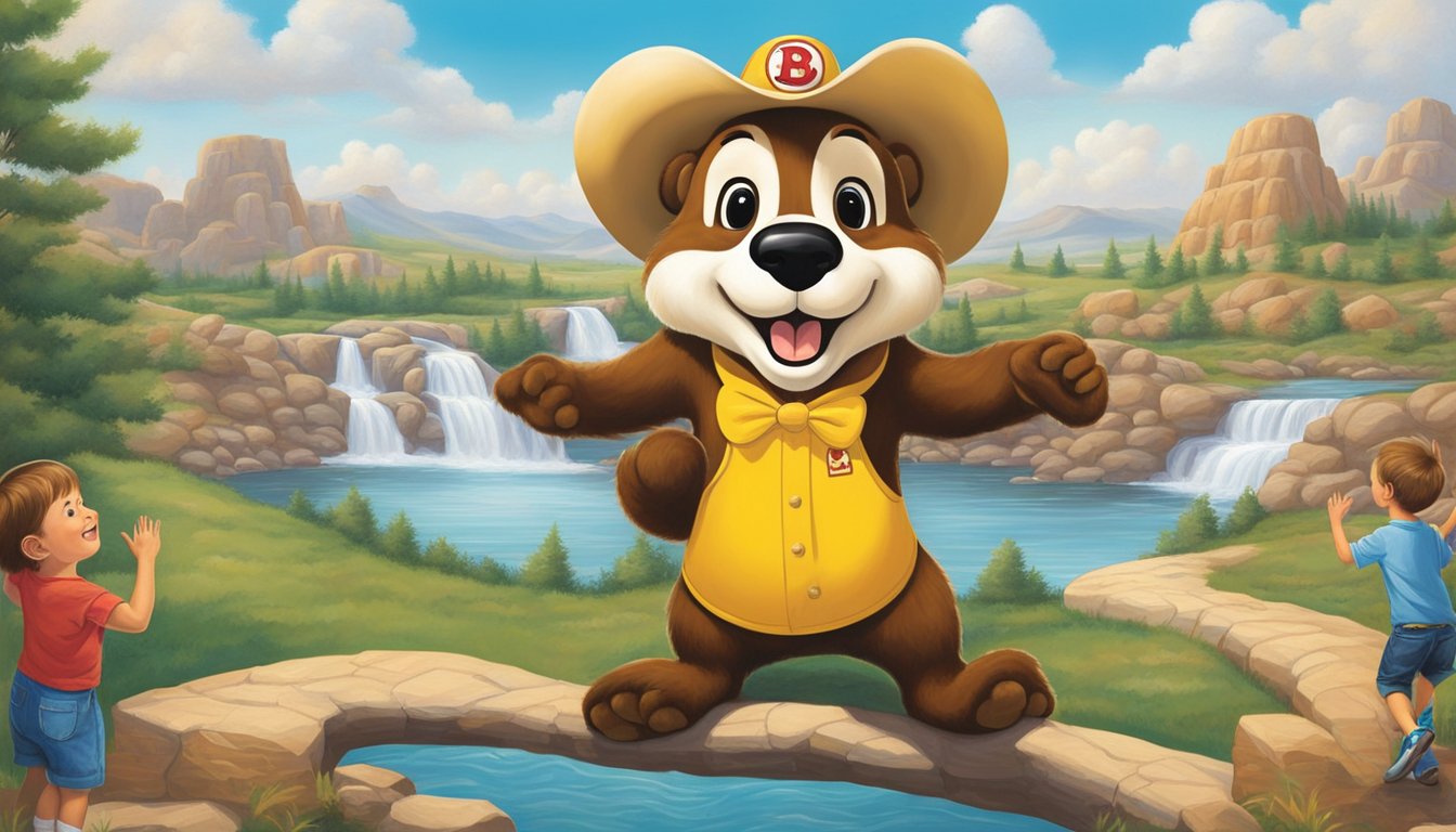 A colorful, larger-than-life mural of Buc-ee's iconic beaver mascot welcomes kids to a whimsical wonderland of cartoon animals, playful scenes, and vibrant Texas landscapes