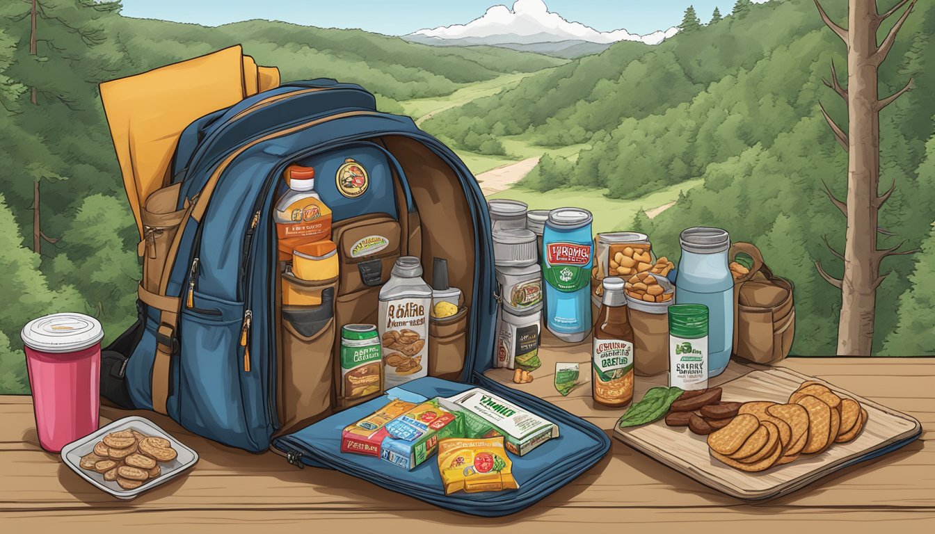 A hiker's backpack open, filled with Buc-ee's Hill Country Turkey Jerky and other snacks, ready for a hiking trip