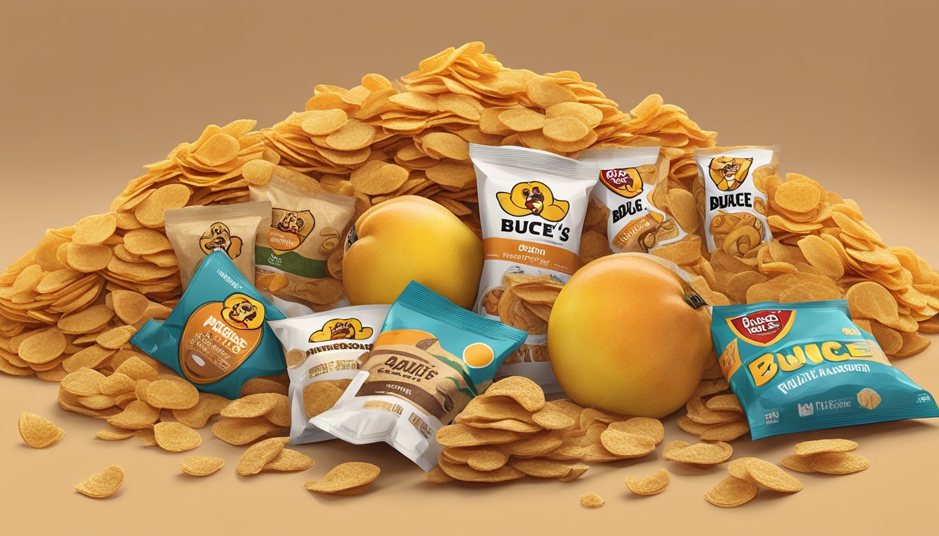 A pile of dried mango slices surrounded by other Buc-ee's snacks, ready to be packed for a hiking trip