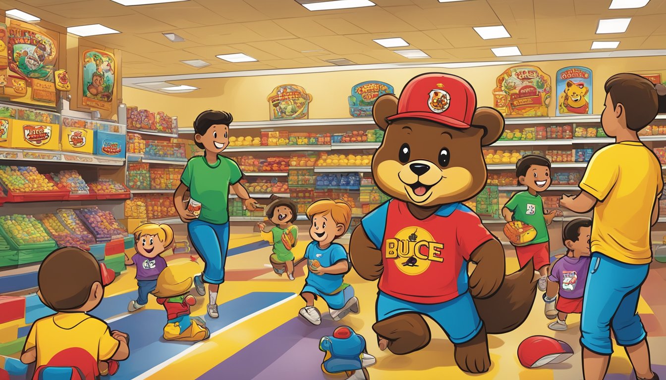 A colorful, energetic scene at Buc-ee's with playful T-shirt designs and kids enjoying various activities, surrounded by the iconic beaver mascot and themed merchandise