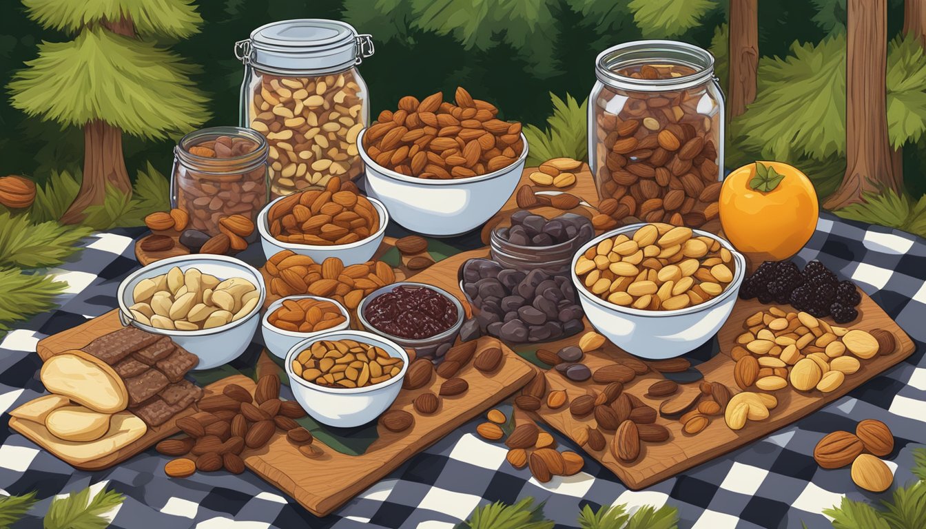 A colorful assortment of trail mix, beef jerky, nuts, and dried fruit spread out on a checkered picnic blanket in a lush forest clearing