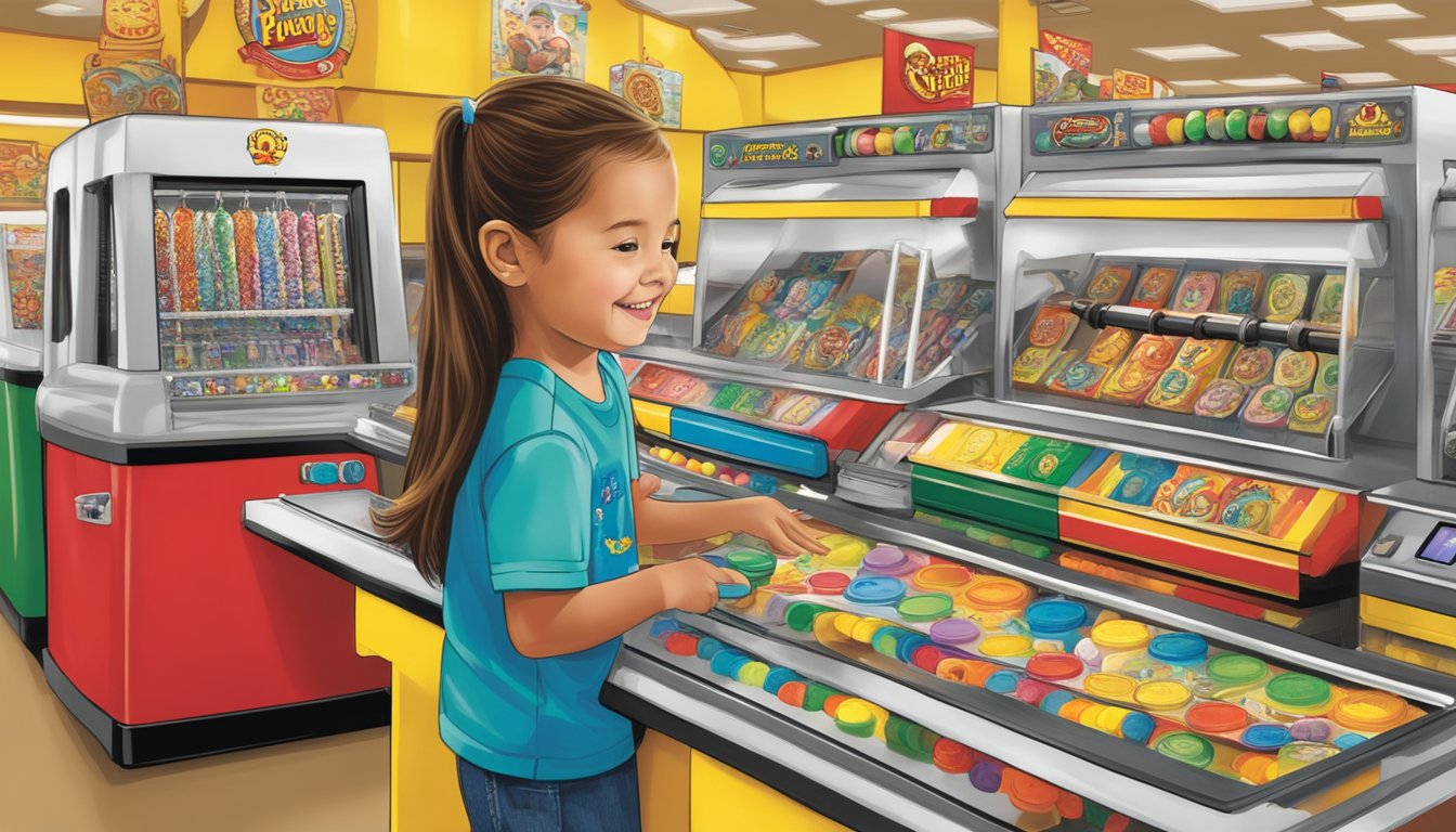 A child eagerly operates a souvenir pressing machine at Buc-ee's, selecting from an array of playful designs and inserting a coin to create a personalized keepsake