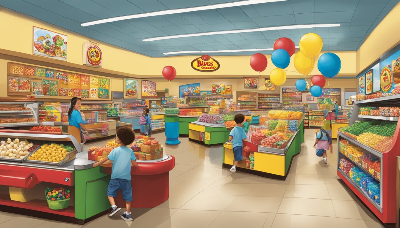 A bustling Buc-ee's store filled with colorful snacks, toys, and playful decor, creating a lively and exciting atmosphere for kids