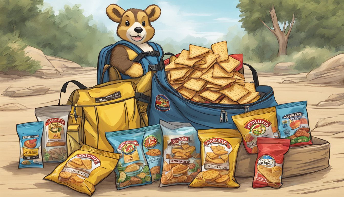 A pile of Buc-ee's snacks, including sizzlin' saltines, packed in a backpack for a hiking trip