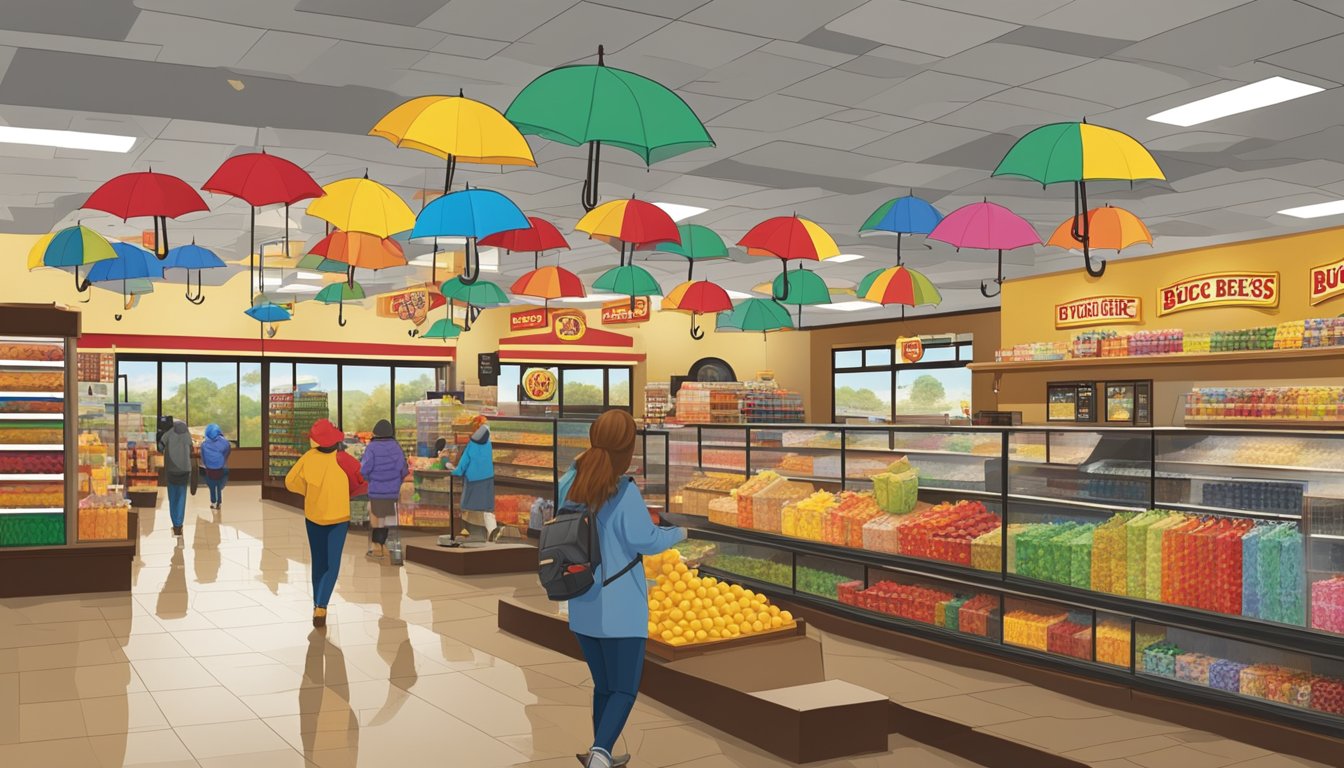 The Buc-ee's store is bustling with activity on a rainy day. Umbrellas, rain boots, and hot coffee are prominently displayed. The atmosphere is cozy and inviting