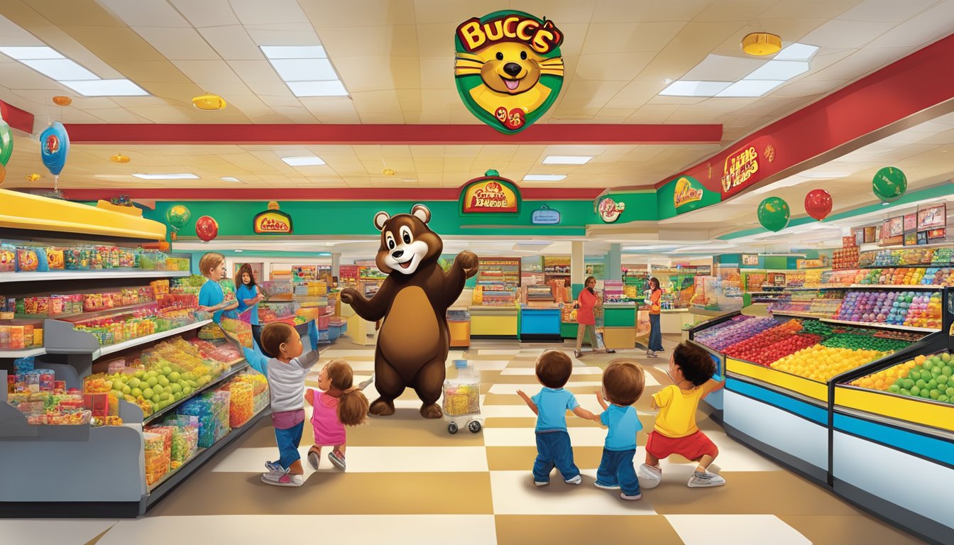 A bustling Buc-ee's store with colorful displays, a giant beaver mascot, and children enjoying various interactive activities