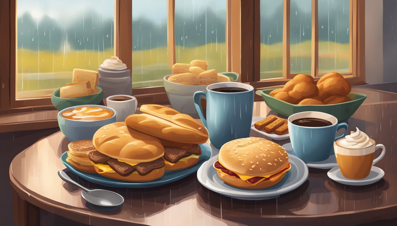 A cozy scene of warm comfort foods displayed on a table, with a rainy day ambiance outside the window. Items include hot coffee, BBQ sandwiches, and baked goods