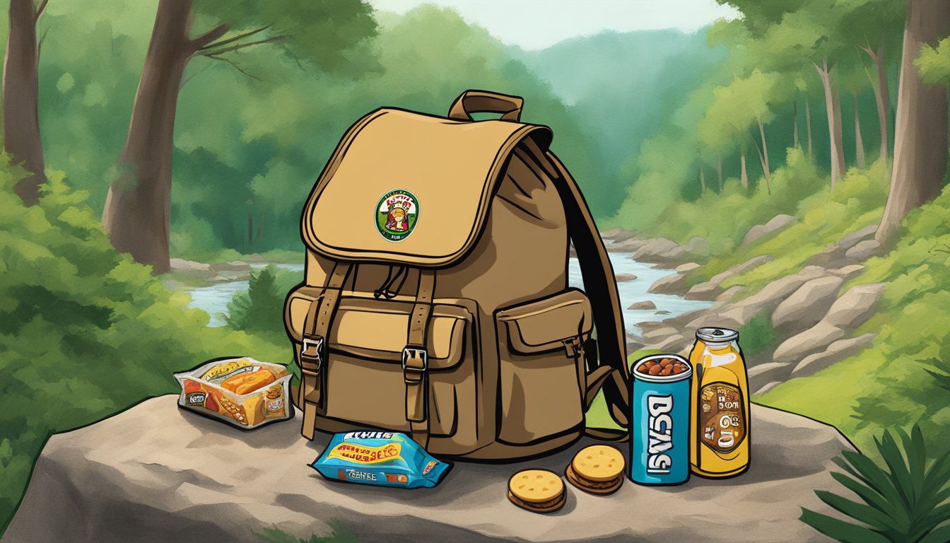 A backpack filled with Buc-ee's snacks sits on a rocky trail surrounded by lush greenery and towering trees. The snacks are neatly packed and ready for a hiking trip