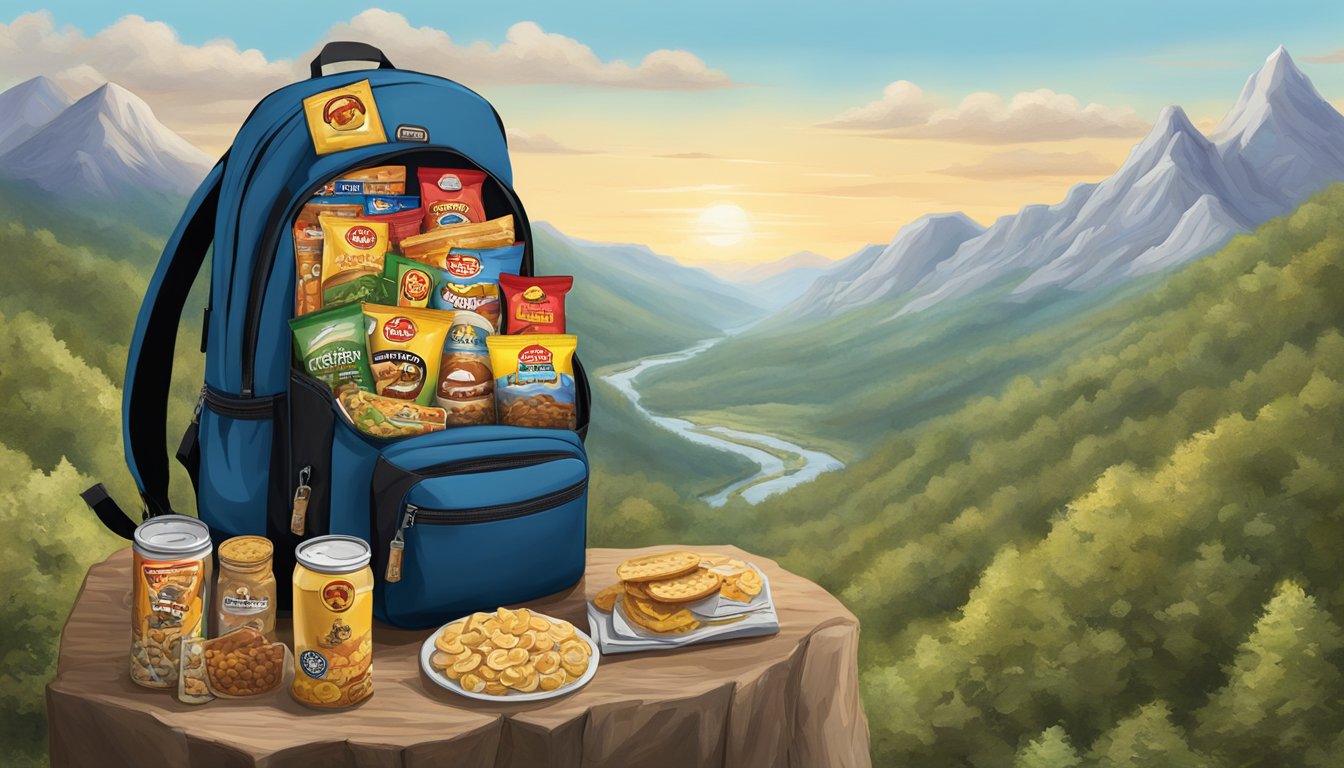 A backpack filled with Buc-ee's snacks, surrounded by hiking gear and a scenic mountain trail