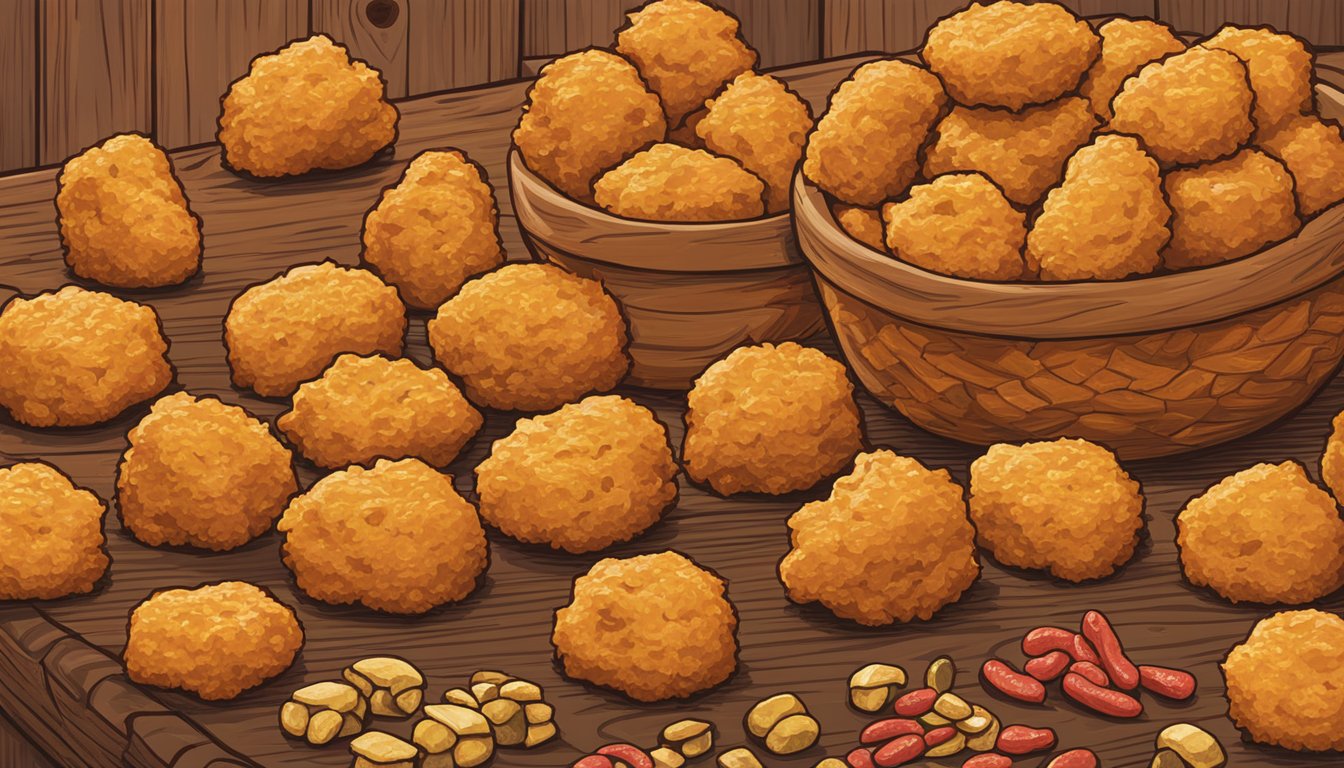 A pile of Spicy Beaver Nuggets sits on a wooden table, surrounded by various Buc-ee's snacks. The nuggets are golden brown and have a crunchy texture