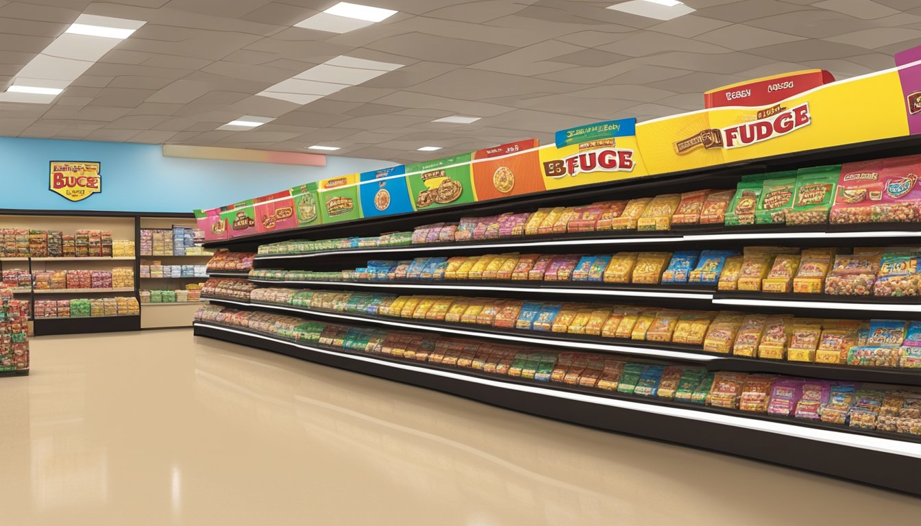 A row of colorful fudge displays line the shelves at the Madisonville, TX Buc-ee's, showcasing the extensive selection available at the eight locations