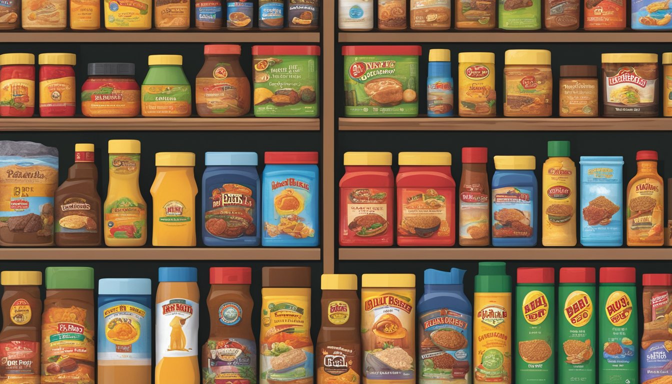 A colorful display of Buc-ee's brand BBQ rub and other products arranged on a shelf, with a Father's Day theme