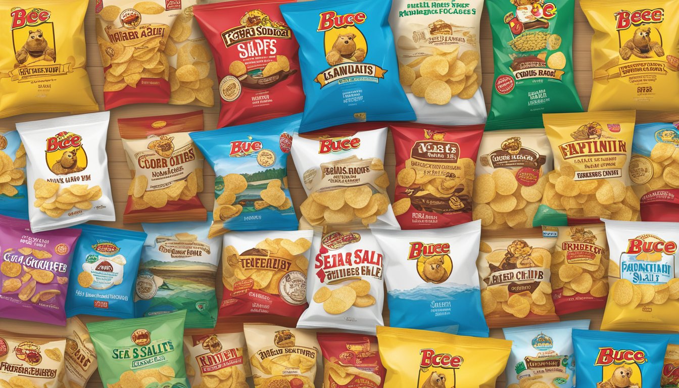 A bag of Sea Salt Kettle Cooked Chips sits among 19 other Buc-ee's snack bags, showcasing their varying degrees of crunchiness