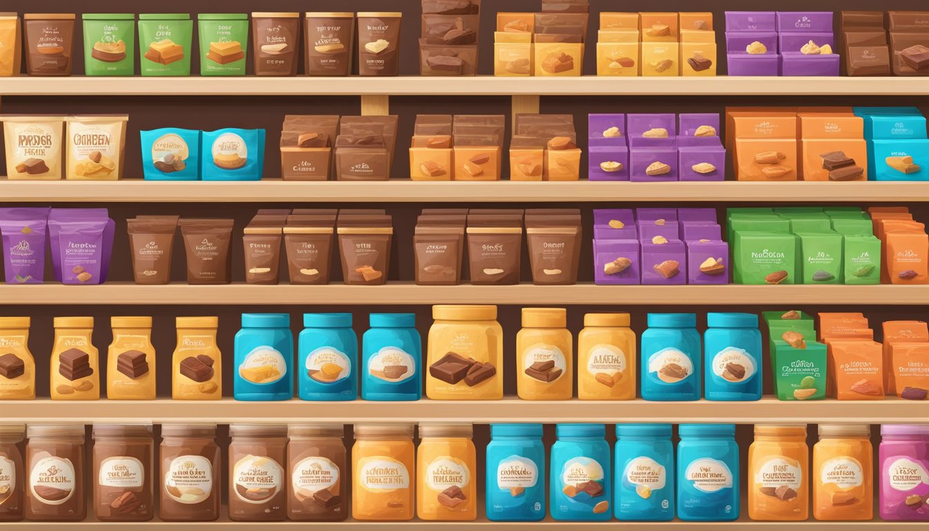 A display of various fudge flavors and shapes arranged in neat rows on shelves, with colorful packaging and signage indicating the different selections