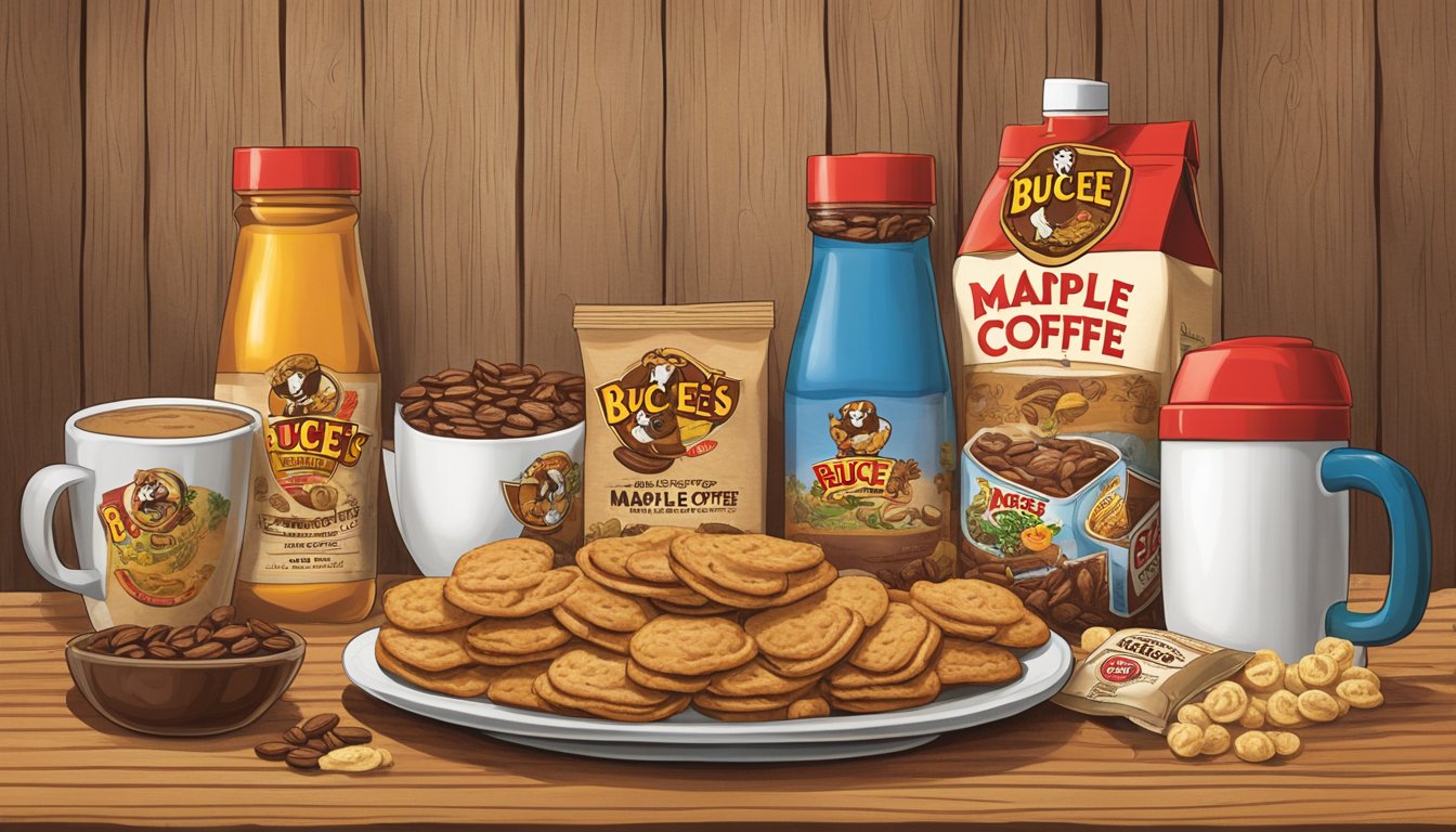 A steaming cup of Buc-ee's Maple Pecan Coffee sits on a rustic wooden table, surrounded by 12 Buc-ee's products, including snacks and souvenirs