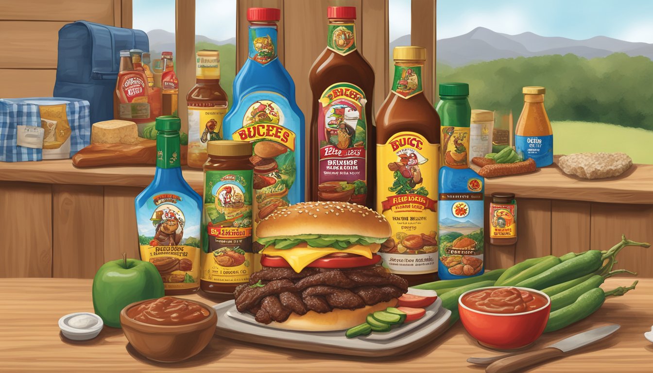 A bottle of Buc-ee's Mesquite Smoked BBQ Sauce surrounded by other Buc-ee's products, with a Father's Day theme