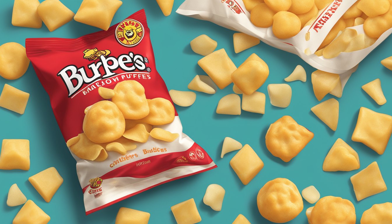 A pile of white cheddar cheese puffs spills out of a bright red Buc-ee's snack bag, with a few puffs scattered on the table