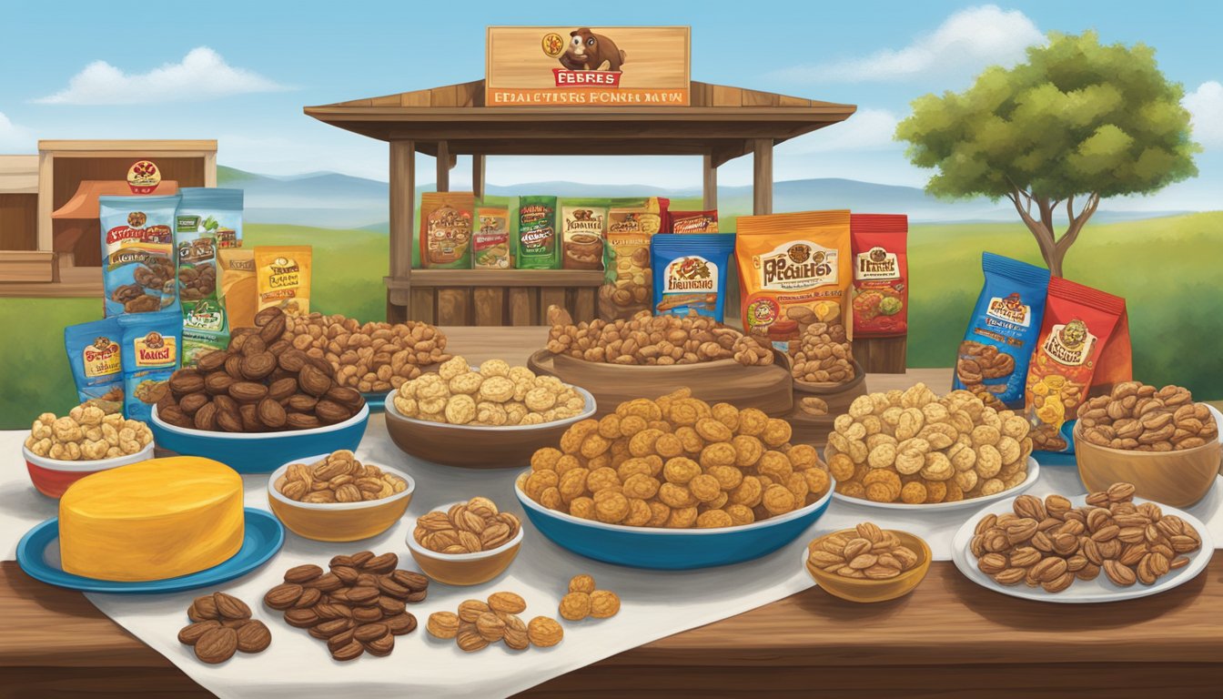 A table with a variety of Buc-ee's products including Pecan Pralines and other Father's Day gift options