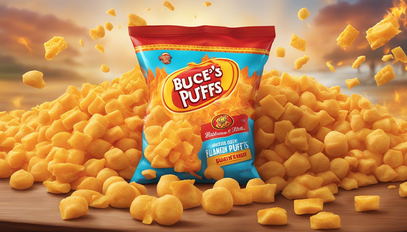 A pile of Flamin' Hot Cheese Puffs spills out of a vibrant Buc-ee's snack bag, creating a crunchy and fiery scene