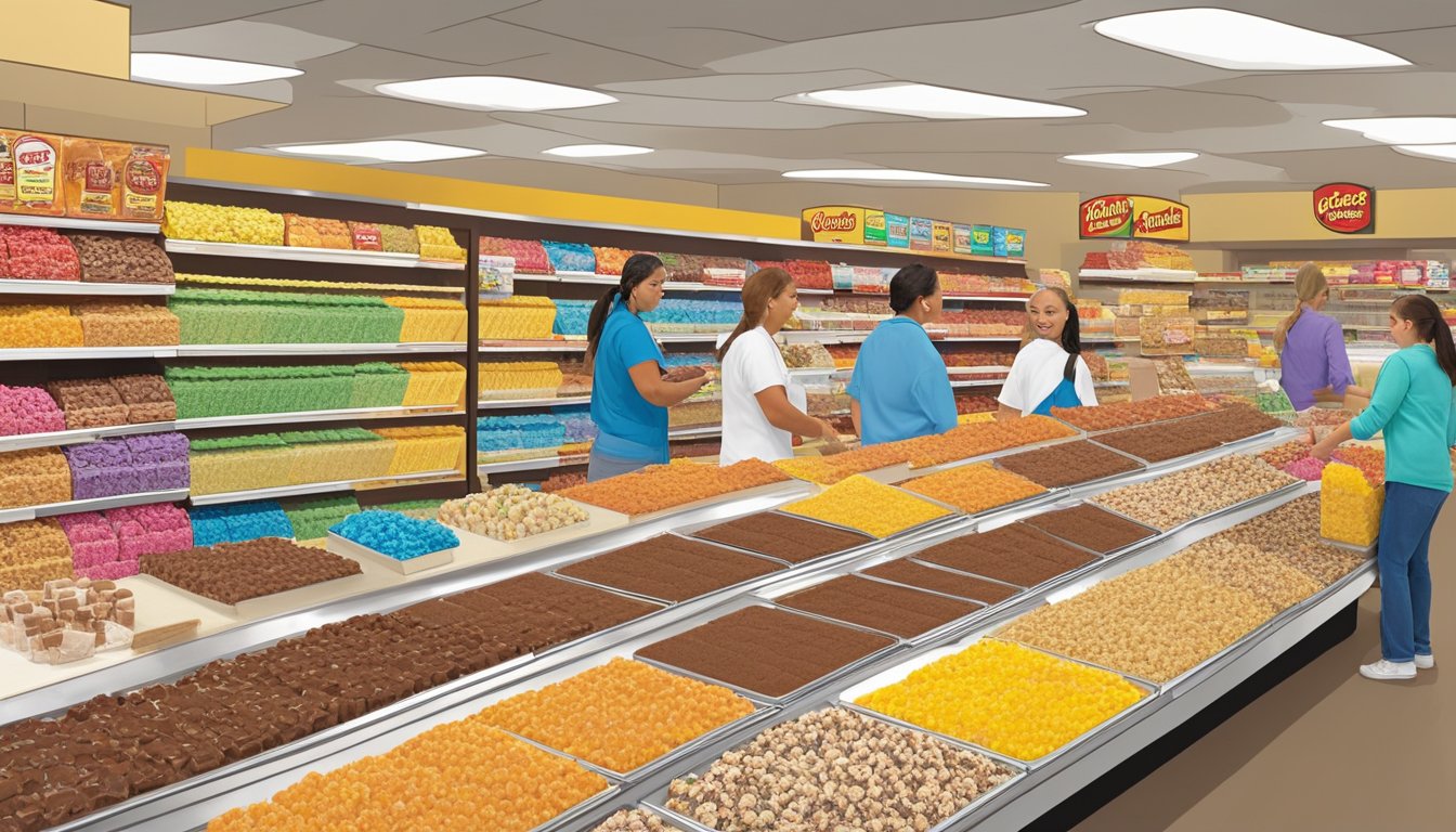 A display of colorful, mouth-watering fudge varieties arranged in neat rows at a Buc-ee's location, with customers browsing and selecting their favorites