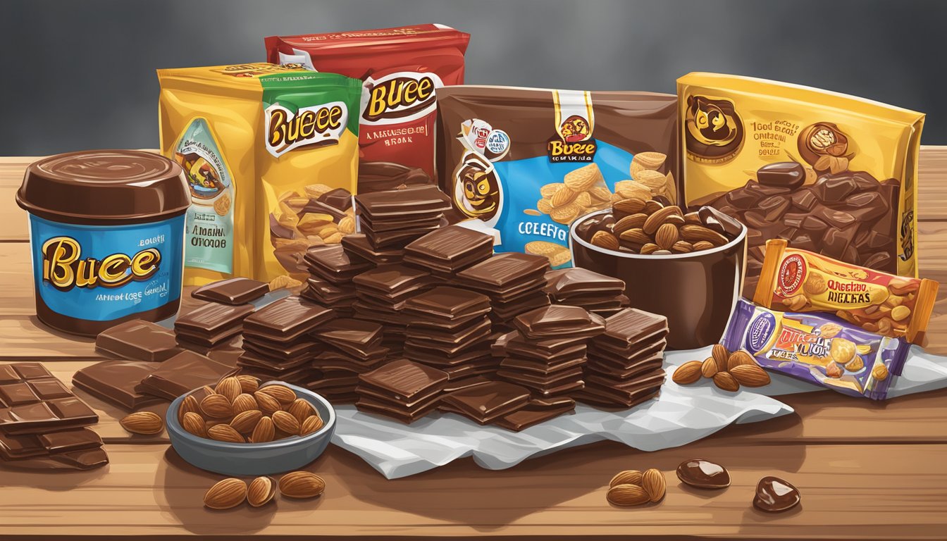 A pile of chocolate almond toffee sits on a wooden table, surrounded by various Buc-ee's snacks. The toffee glistens with a glossy chocolate coating, and the almonds are visible through the smooth surface